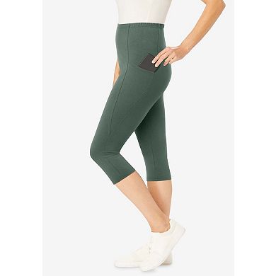 Woman Within Plus Size Petite Stretch-Cotton Knit Pull-On Pocket Capri Leggings