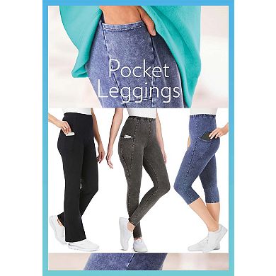 Woman Within Plus Size Petite Stretch-Cotton Knit Pull-On Pocket Capri Leggings