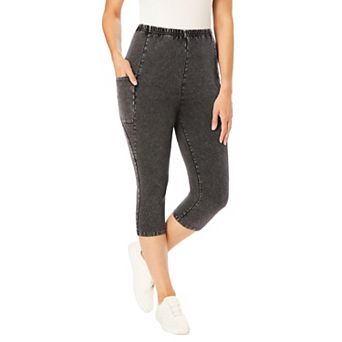 Woman Within Plus Size Petite Stretch-Cotton Knit Pull-On Pocket Capri Leggings