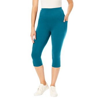 Woman Within Plus Size Petite Stretch-Cotton Knit Pull-On Pocket Capri Leggings