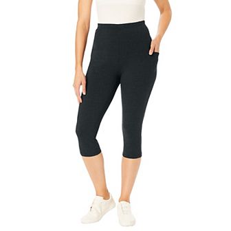 Woman Within Plus Size Petite Stretch-Cotton Knit Pull-On Pocket Capri Leggings