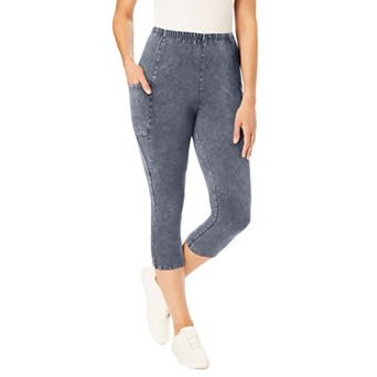 Woman Within Plus Size Petite Stretch-Cotton Knit Pull-On Pocket Capri Leggings