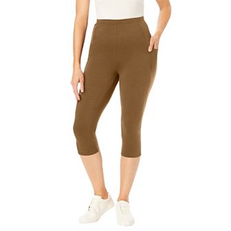 Woman Within Plus Size Petite Stretch-Cotton Knit Pull-On Pocket Capri Leggings