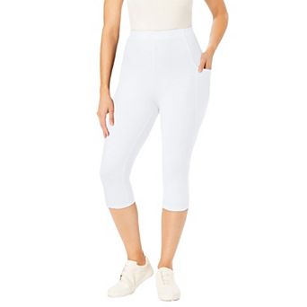 Woman Within Plus Size Petite Stretch-Cotton Knit Pull-On Pocket Capri Leggings