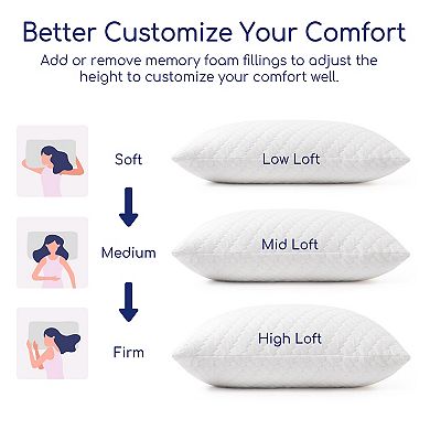 Unikome 2 Pack Shredded Memory Foam Adjustable Bed Pillows Extra Comfy Pillows