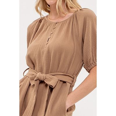 August Sky Women's Front Button Up Self Tie Midi Dress