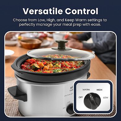 Elite Cuisine 2 Qt Oval Slow Cooker with Adjustable Settings and Keep Warm