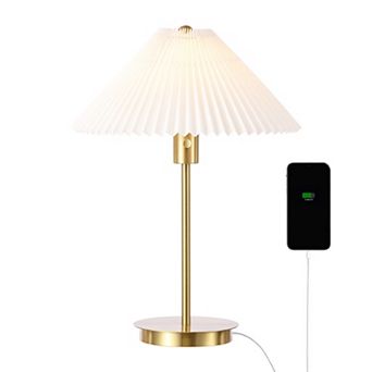 Freida Modern Glam Metal Column Led Table Lamp With Usb Charging Port And Pleated Shade