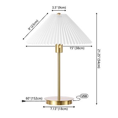 Freida Modern Glam Metal Column Led Table Lamp With Usb Charging Port And Pleated Shade