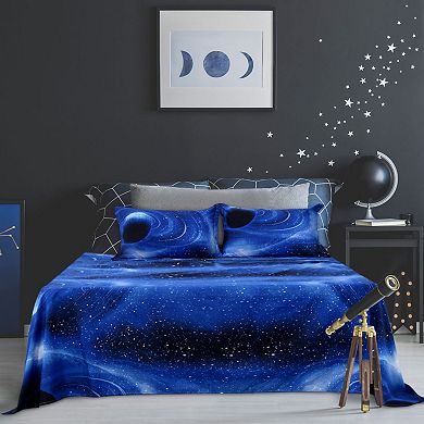 Galaxy Bed Sheet Set, 4 Piece Soft Polyester Microfiber Bedding Set, Including 3d Space Star Theme