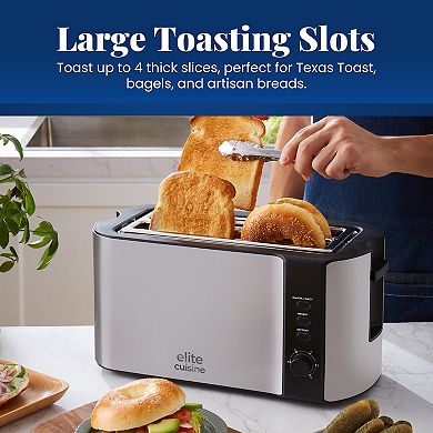 Elite Cuisine Stainless Steel 4 Slice Long Slot Toaster