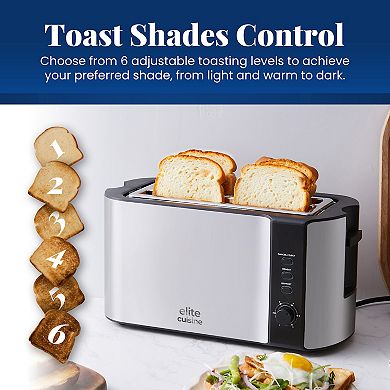 Elite Cuisine Stainless Steel 4 Slice Long Slot Toaster