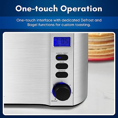 Elite Cuisine 4-Slice Digital, Stainless Steel Long-Slot Toaster