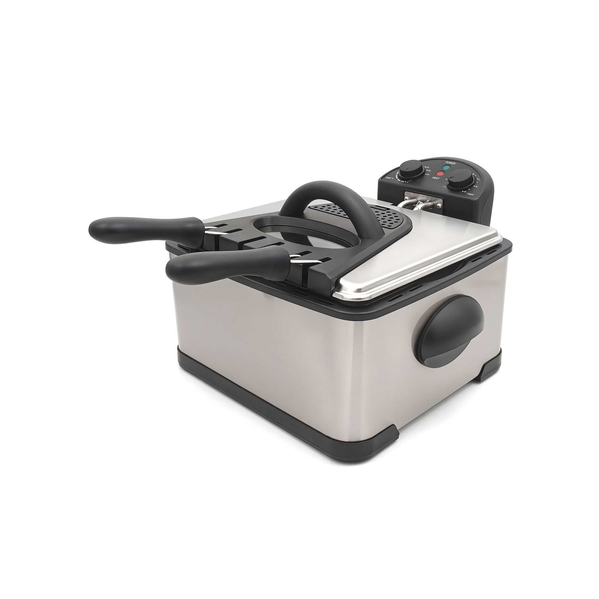 Elite Cuisine 4QT Dual Deep Fryer with 3 baskets, Timer and Temp Knobs, Sil