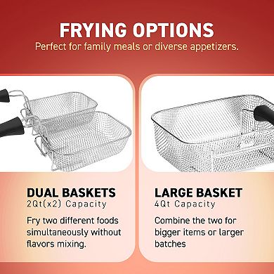 Elite Cuisine 4QT Dual Deep Fryer with 3 baskets, Timer and Temp Knobs