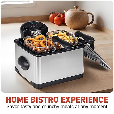 Elite Cuisine 4QT Dual Deep Fryer with 3 baskets, Timer and Temp Knobs