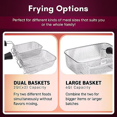 Elite Cuisine 4QT Dual Deep Fryer with 3 baskets, Timer and Temp Knobs