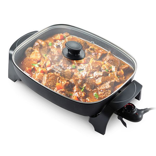 Elite Cuisine 16" Extra Depth 3" Electric Skillet with Glass Lid and Pour Spout - Black