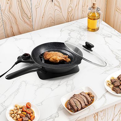 Elite Cuisine 10.5” Electric Skillet with Handle and Glass Lid