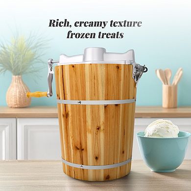 Elite Cuisine 6Qt. Old Fashioned Pine Bucket Ice Cream Maker with Hand Crank