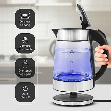 Elite Cuisine Cordless 1.8Qt Glass Kettle with Rapid Boil Technology
