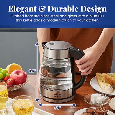 Elite Cuisine Cordless 1.8Qt Glass Kettle with Rapid Boil Technology