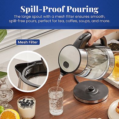 Elite Cuisine Cordless 1.8Qt Glass Kettle with Rapid Boil Technology