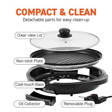 Elite Cuisine 11-inch Electric BBQ Grill with Tempered Glass Lid