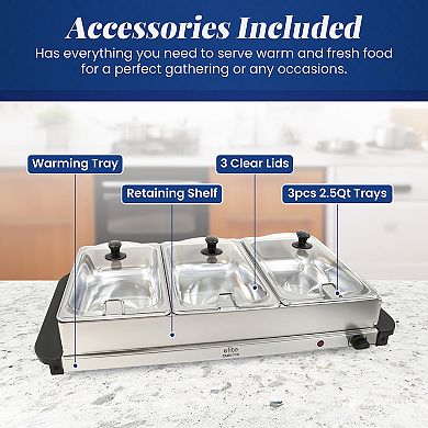 Elite Cuisine 7.5Qt. Stainless Steel Electric Buffet Server Food Warmer with 3 Trays