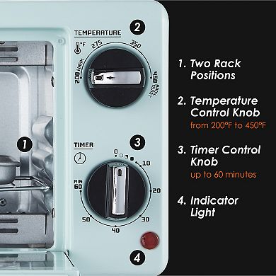 Elite Cuisine 50's Diner Style 2-Slice Toaster Oven with Time and Temp Knobs