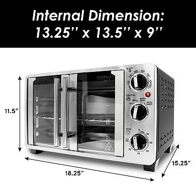 Elite Cuisine French Door Toaster Oven fits 12" Pizza, Stainless Steel