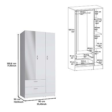Troy Wardrobe With 3 Doors, One With Mirror, Two Drawers, Four Shelves And Hanging Bar
