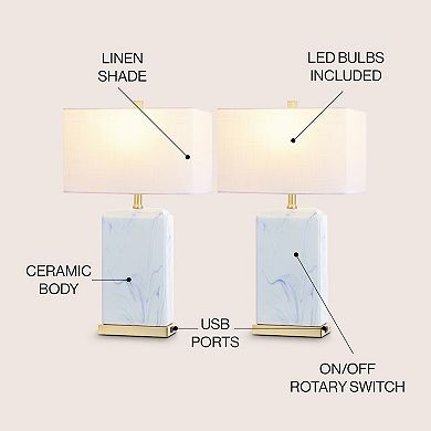 Chloe Modern Coastal Iron/marbled Ceramic Led Table Lamp With Usb Charging Port