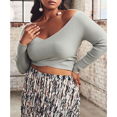 ELOQUII Women's Plus Size Wrap Front Cropped Sweater