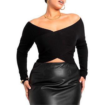 ELOQUII Women's Plus Size Wrap Front Cropped Sweater