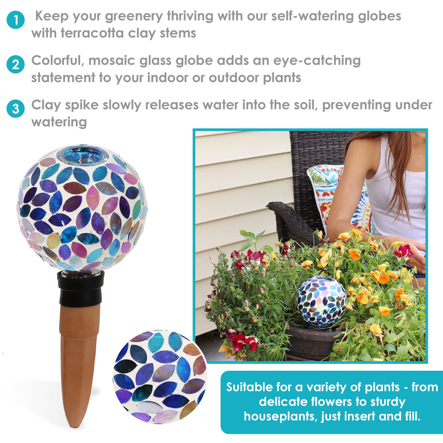 Sunnydaze Mosaic Glass Plant Watering Globe with Clay Spike - Thumbnail 4