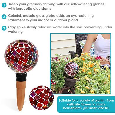 Sunnydaze Mosaic Glass Watering Globe with Clay Spike - Magenta Medley