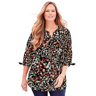 Catherines Women's Plus Size Petite Georgette Buttonfront Tie Sleeve Cafe Blouse