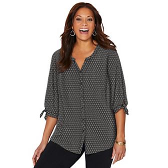 Catherines Women's Plus Size Petite Georgette Buttonfront Tie Sleeve Cafe Blouse