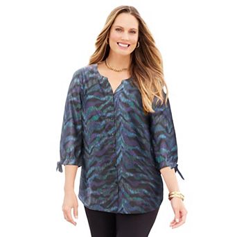 Catherines Women's Plus Size Petite Georgette Buttonfront Tie Sleeve Cafe Blouse