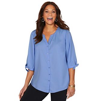 Catherines Women's Plus Size Petite Georgette Buttonfront Tie Sleeve Cafe Blouse