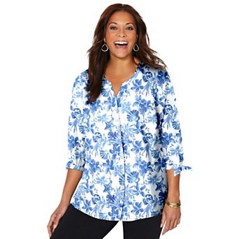 Catherines Women's Plus Size Petite Georgette Buttonfront Tie Sleeve Cafe Blouse