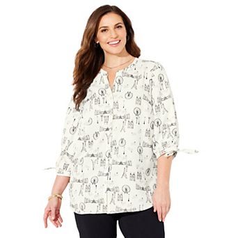Catherines Women's Plus Size Petite Georgette Buttonfront Tie Sleeve Cafe Blouse