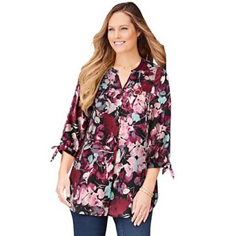 Catherines Women's Plus Size Petite Georgette Buttonfront Tie Sleeve Cafe Blouse