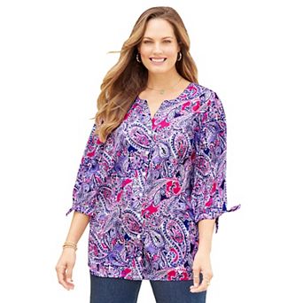 Catherines Women's Plus Size Petite Georgette Buttonfront Tie Sleeve Cafe Blouse