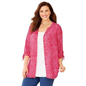 Catherines Women's Plus Size Petite Georgette Buttonfront Tie Sleeve Cafe Blouse