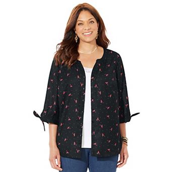 Catherines Women's Plus Size Georgette Buttonfront Tie Sleeve Cafe Blouse