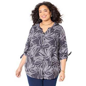 Catherines Women's Plus Size Georgette Buttonfront Tie Sleeve Cafe Blouse