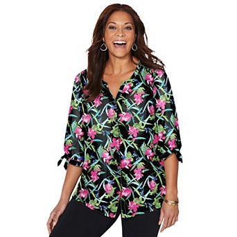 Catherines Women's Plus Size Georgette Buttonfront Tie Sleeve Cafe Blouse