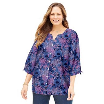 Catherines Women's Plus Size Georgette Buttonfront Tie Sleeve Cafe Blouse